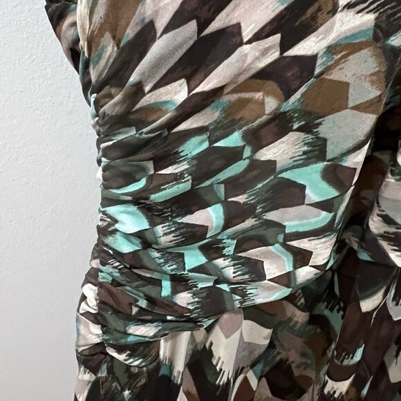 Flattering ruched brown tan and aqua wrap geometric print dress size 10 - Picture 6 of 8